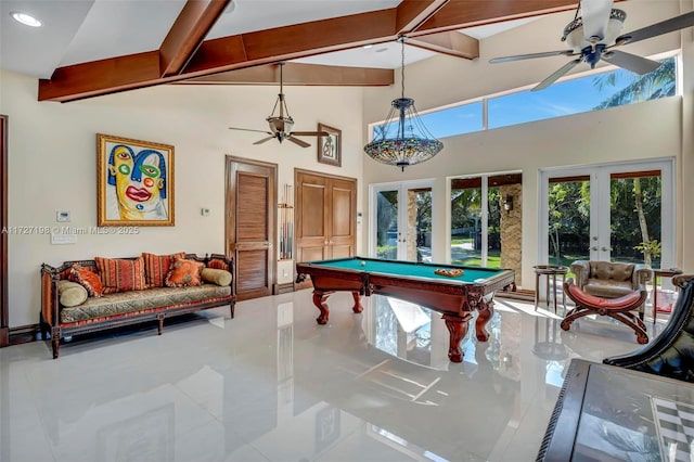 rec room featuring beamed ceiling, high vaulted ceiling, billiards, french doors, and ceiling fan