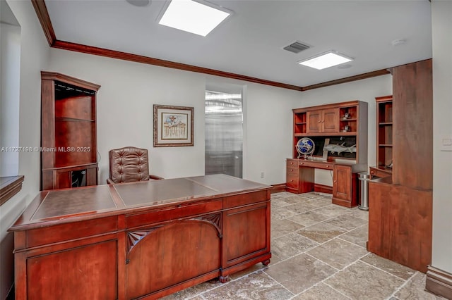 office area featuring crown molding, stone finish floor, and visible vents