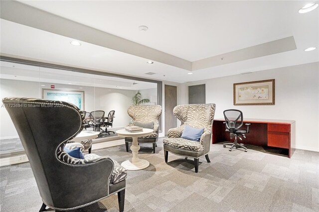 1155 Brickell Bay Dr Unit 704, Miami, FL 33131 - sitting room featuring carpet flooring, recessed lighting, a tray ceiling, and baseboards