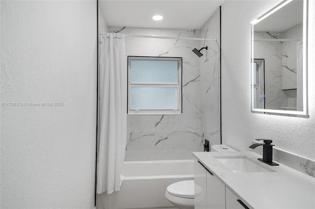 full bathroom with vanity, toilet, and shower / bath combo with shower curtain