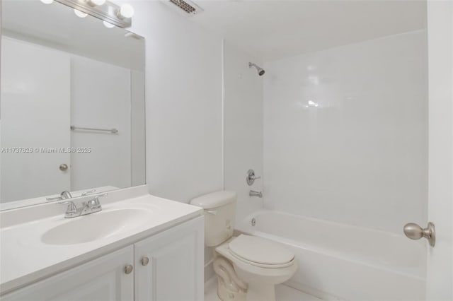 full bath featuring bathtub / shower combination, visible vents, vanity, and toilet