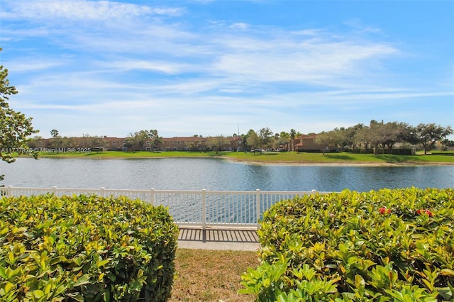 view of water feature featuring fence