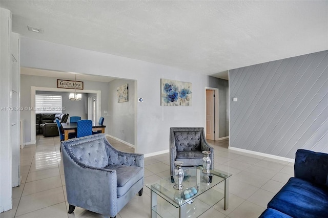 living room featuring light tile patterned flooring