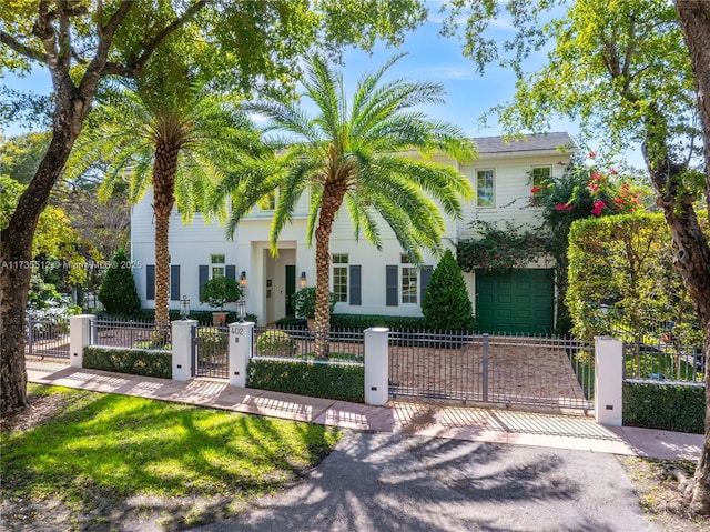 view of front of property with a fenced front yard, a gate, and a garage