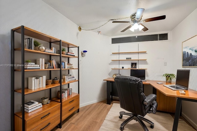 office featuring ceiling fan and light hardwood / wood-style floors