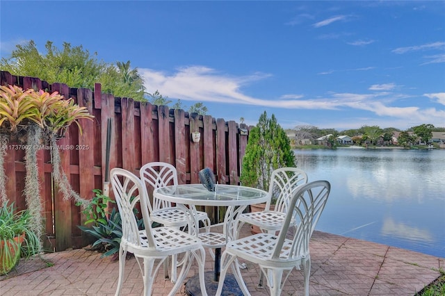 view of patio with a water view