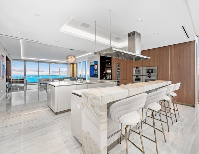 kitchen with sink, white cabinetry, island range hood, a large island with sink, and light stone countertops