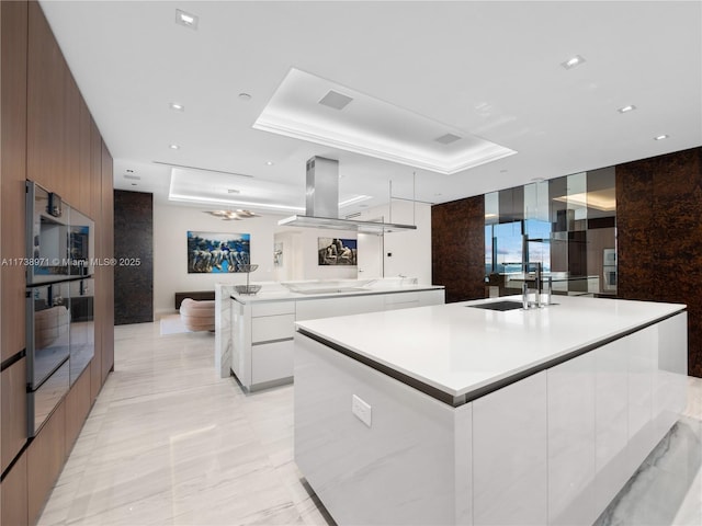 kitchen featuring sink, a raised ceiling, a large island with sink, and white cabinets