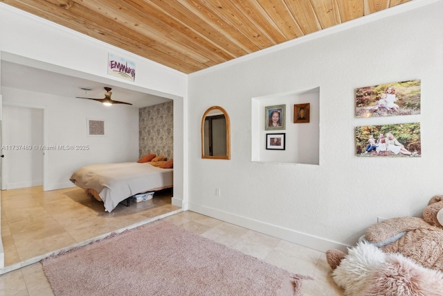 bedroom with wooden ceiling, visible vents, ceiling fan, and baseboards