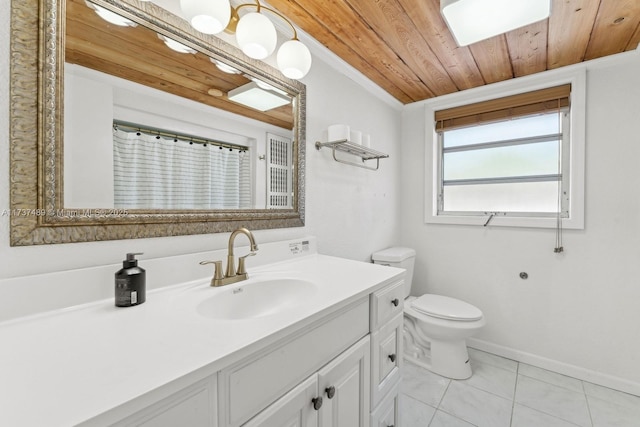 full bathroom with toilet, vanity, baseboards, wood ceiling, and tile patterned floors