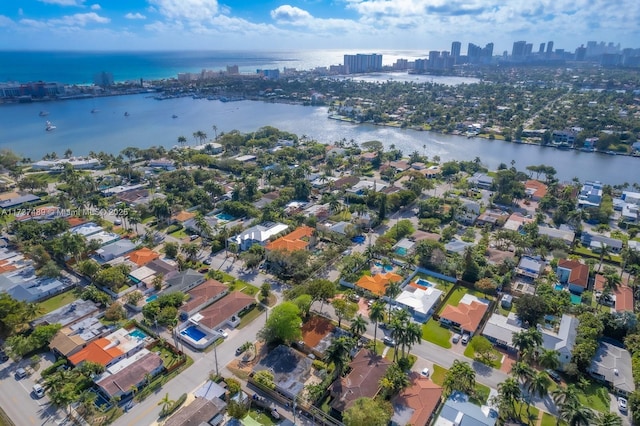 drone / aerial view with a water view and a view of city