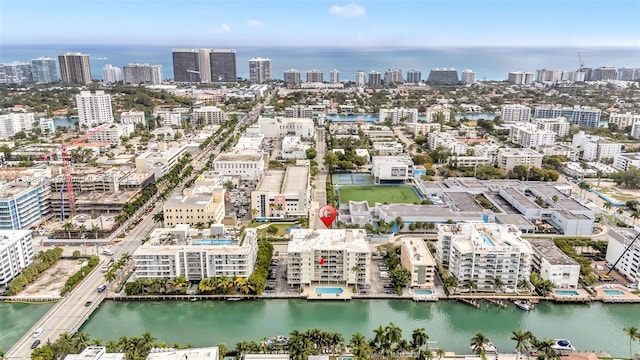 bird's eye view with a water view