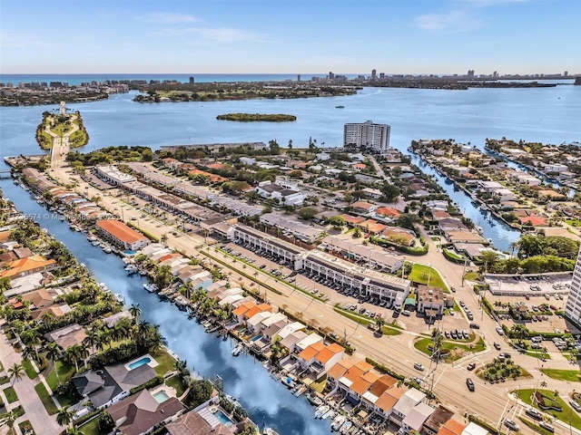 bird's eye view with a water view