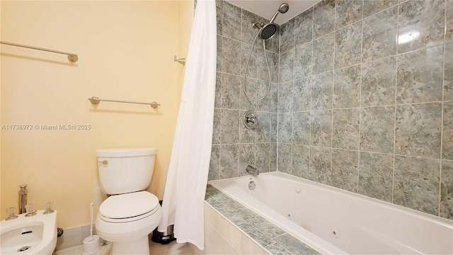 bathroom featuring a bidet, toilet, and shower / tub combo with curtain