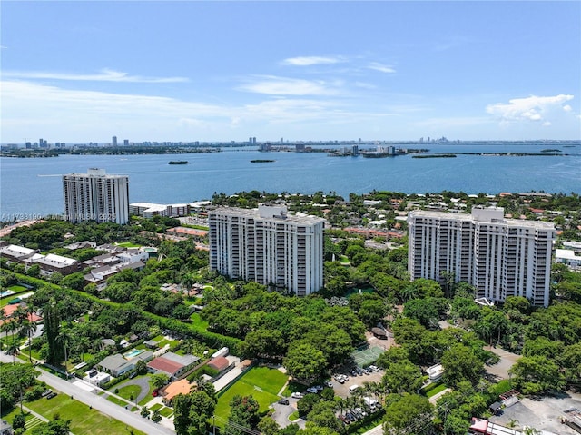 bird's eye view with a water view