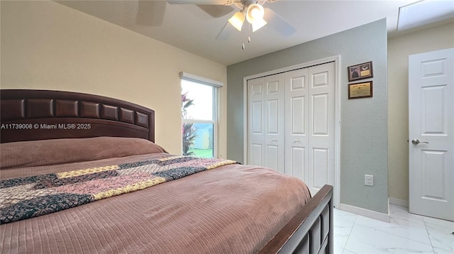 bedroom featuring ceiling fan and a closet