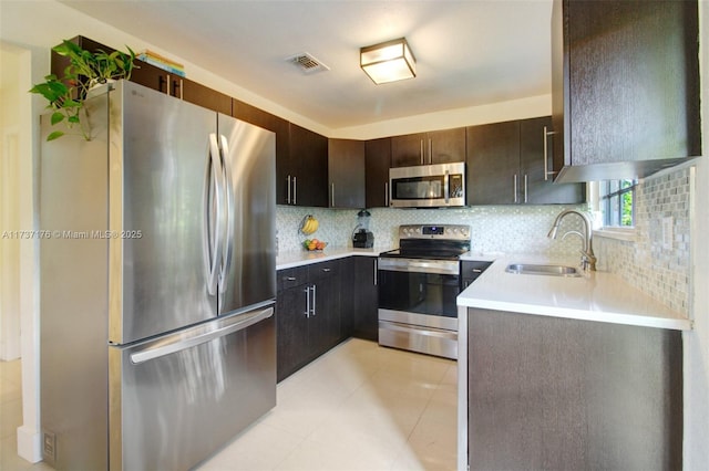 kitchen featuring stainless steel appliances, sink, backsplash, and dark brown cabinetry