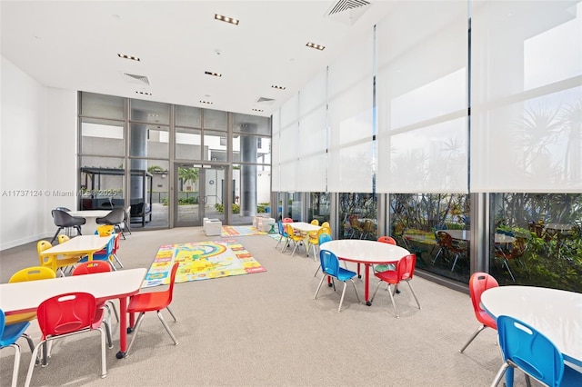 recreation room featuring expansive windows, carpet floors, and a high ceiling