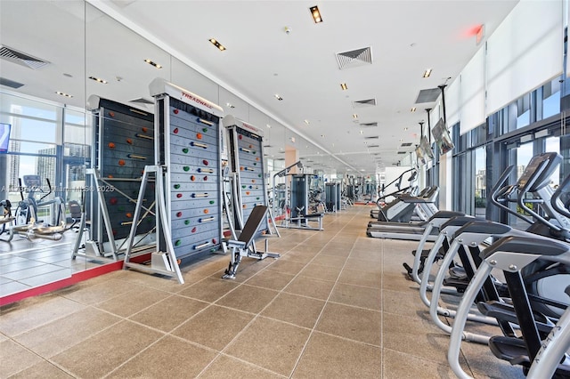 workout area featuring floor to ceiling windows