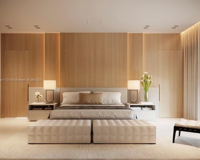 carpeted bedroom with wooden walls