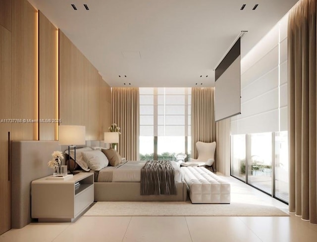 tiled bedroom featuring a wall of windows