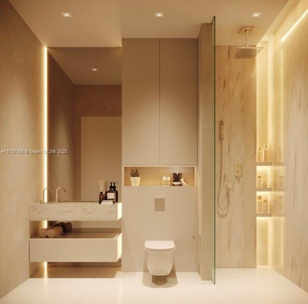 bathroom with vanity, tile patterned flooring, a shower, and toilet