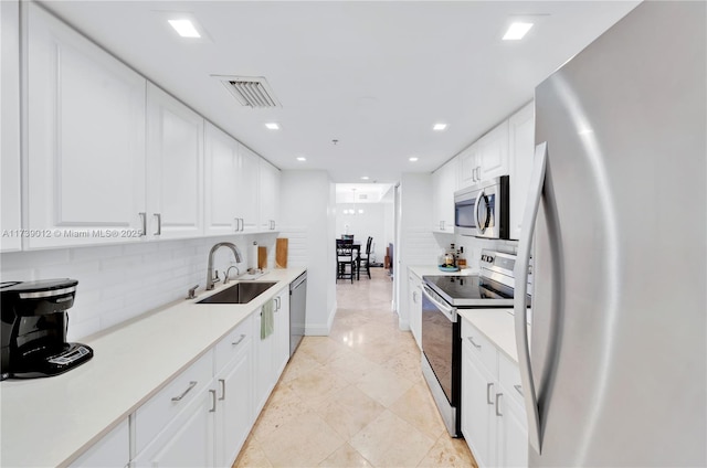 kitchen featuring white cabinetry, sink, backsplash, and appliances with stainless steel finishes