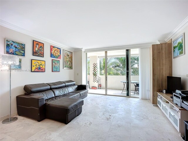 living room featuring expansive windows and crown molding