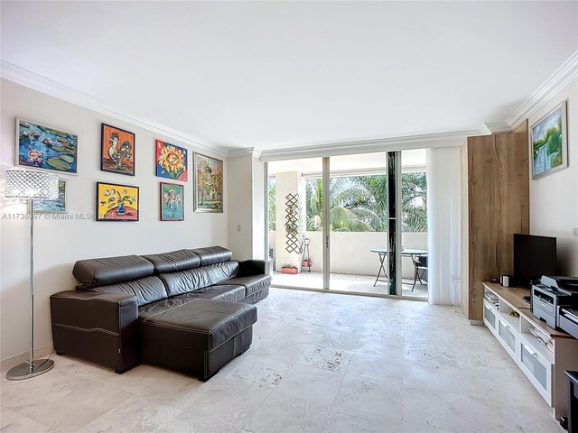 3400 SW 27th Ave Unit 302, Miami, FL 33133 - living room featuring ornamental molding and a wall of windows