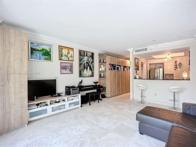 living room featuring ornamental molding