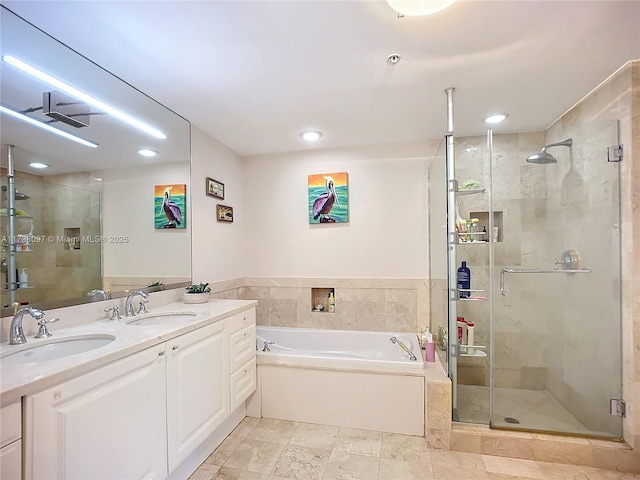 bathroom with vanity and plus walk in shower