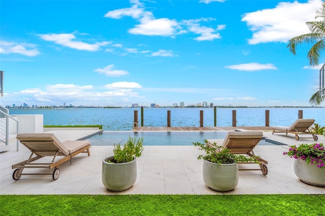 view of patio / terrace featuring a water view