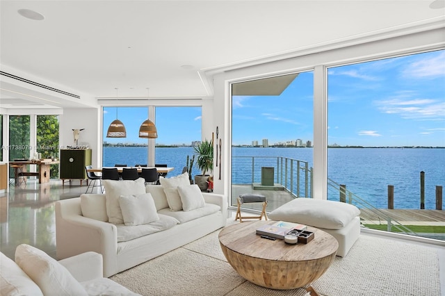 sunroom with a water view