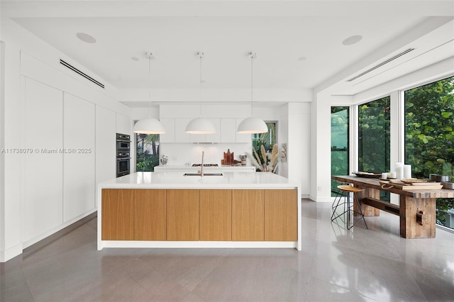 kitchen with white cabinetry, hanging light fixtures, double oven, and an island with sink