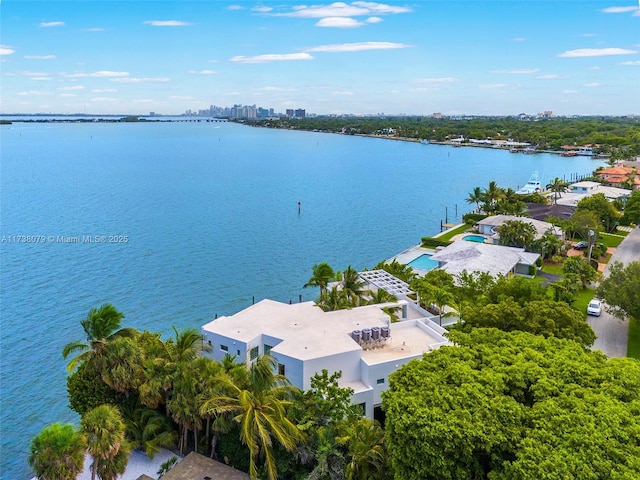 birds eye view of property featuring a water view