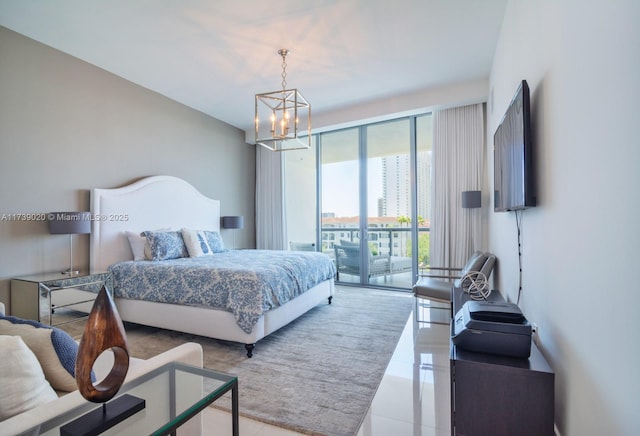 bedroom with light tile patterned flooring, access to exterior, and a chandelier