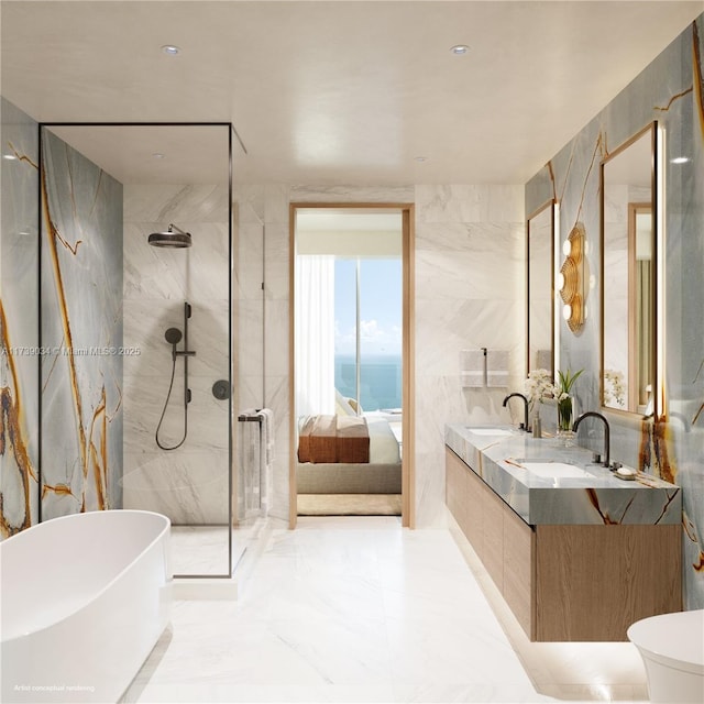 bathroom featuring vanity, separate shower and tub, tile walls, and a water view