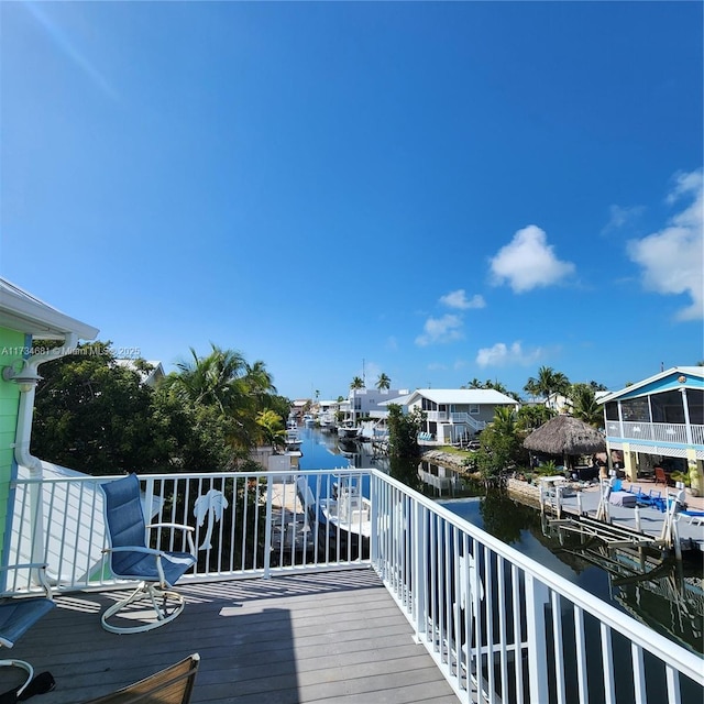deck featuring a water view