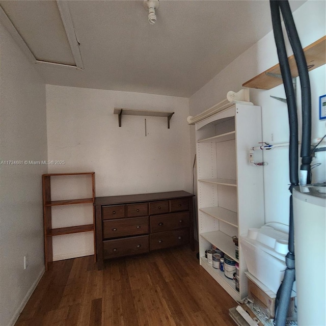 spacious closet featuring dark wood-style flooring and water heater