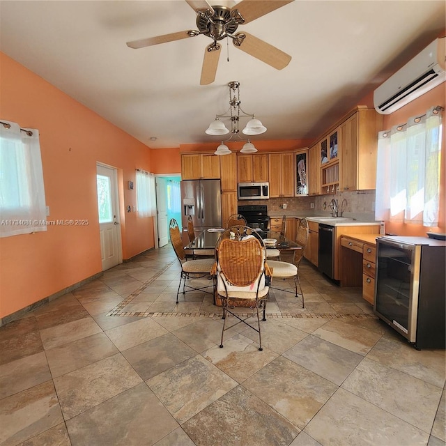 dining space featuring wine cooler, baseboards, ceiling fan, and an AC wall unit