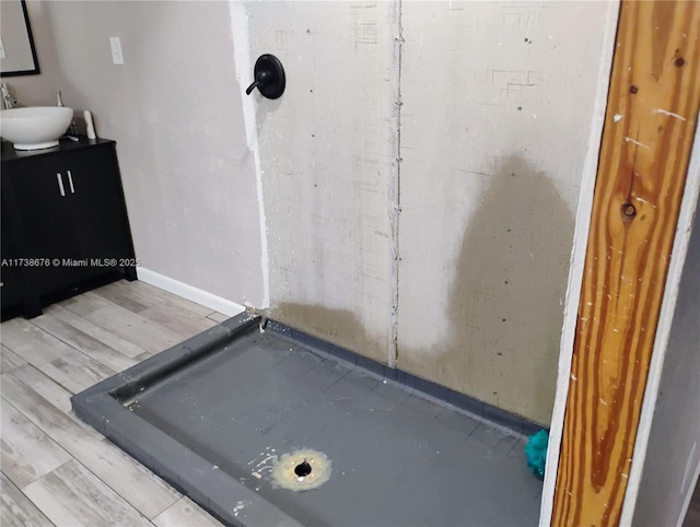 interior space featuring vanity and wood-type flooring