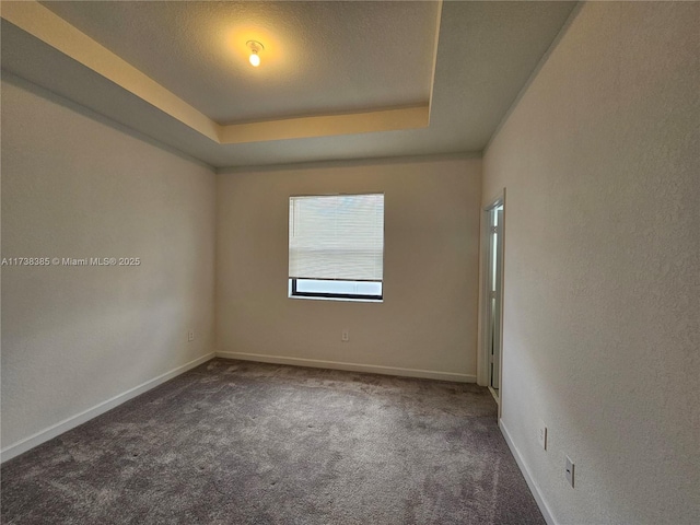 carpeted spare room featuring a tray ceiling and a textured ceiling