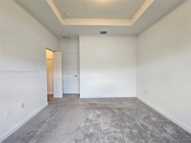 empty room featuring a tray ceiling and carpet