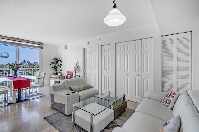 living room featuring a textured ceiling