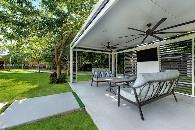 view of patio / terrace with ceiling fan and an outdoor hangout area