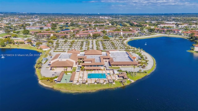 drone / aerial view with a water view