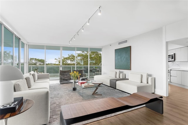 living room with expansive windows, a wealth of natural light, and light hardwood / wood-style floors