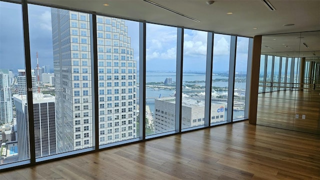 spare room with wood-type flooring, floor to ceiling windows, a healthy amount of sunlight, and a water view