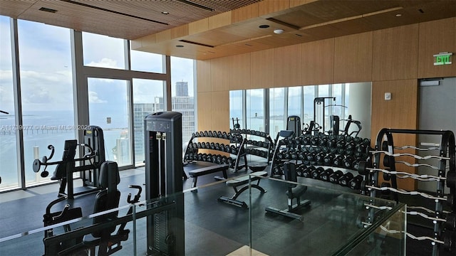 exercise room with expansive windows and a water view