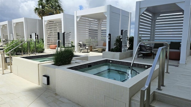 view of swimming pool featuring a hot tub and a patio